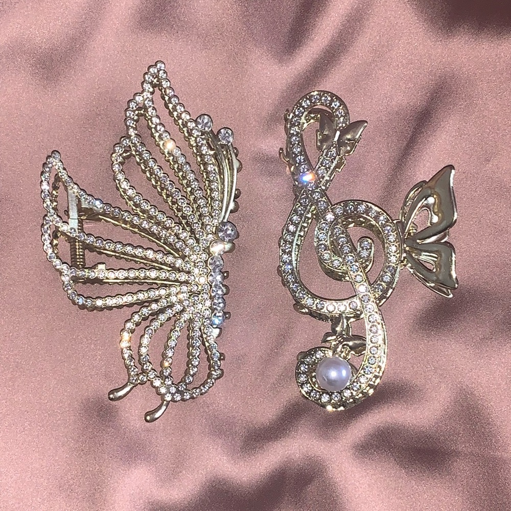 2 rhinestone hairclips jewel icy crystal gems gold hair clips butterfly music